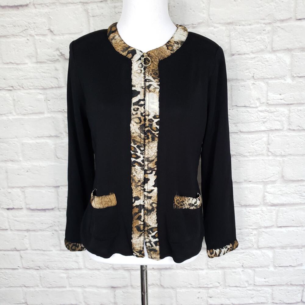 Exclusively Misook Black Full Zip Front Jacket Animal Print Trim Pockets Size XS